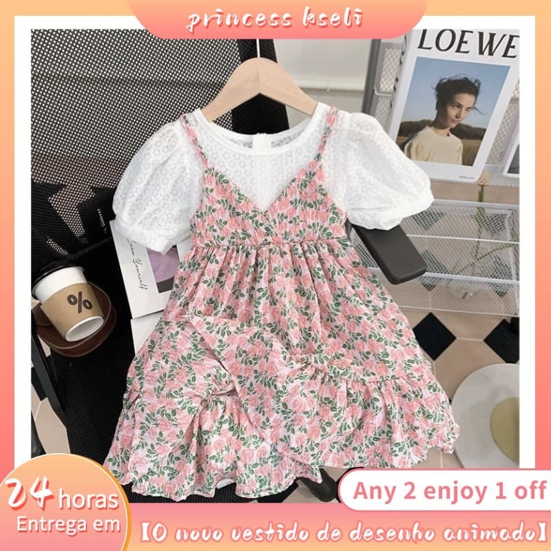 Vestido de manga curta para meninas, verão 2026, novo vestido de princesa infantil,saia floral