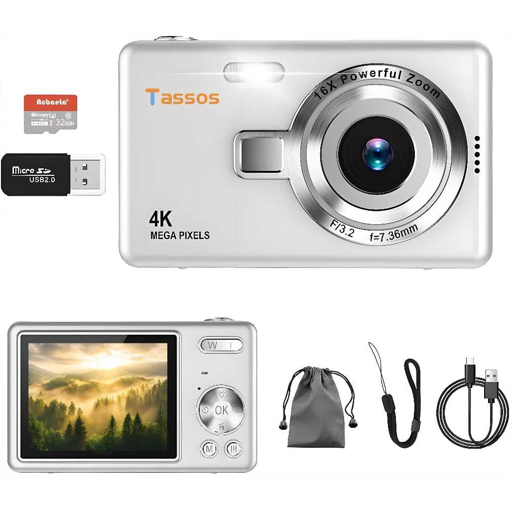 TASSOS Mini Câmera Digital 4K HD-1080p 16X Zoom Compact Point & Shoot Anti Shake Portátil