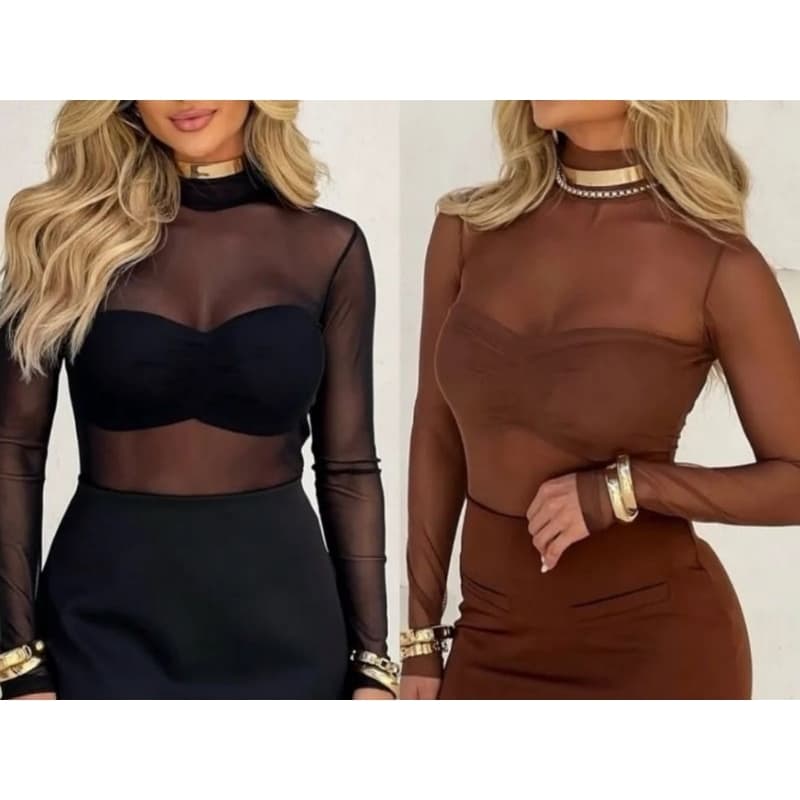 Body Feminino Tule Transparente Sexy Festa Balada Blogueira com Manga Longa Roupa Branca