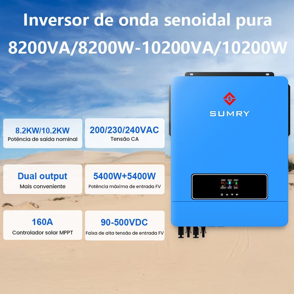 Inversor Solar Hibrido 10200W 10200VA Inversor Solar Fora da Rede MPPT Charger 160A 90V-500V WIFI PV INPUT