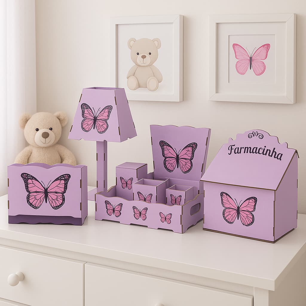 Kit De Higiene Borboleta Bebê 8 Peças MDF Adesivado Presente Infantil Organização De Quarto