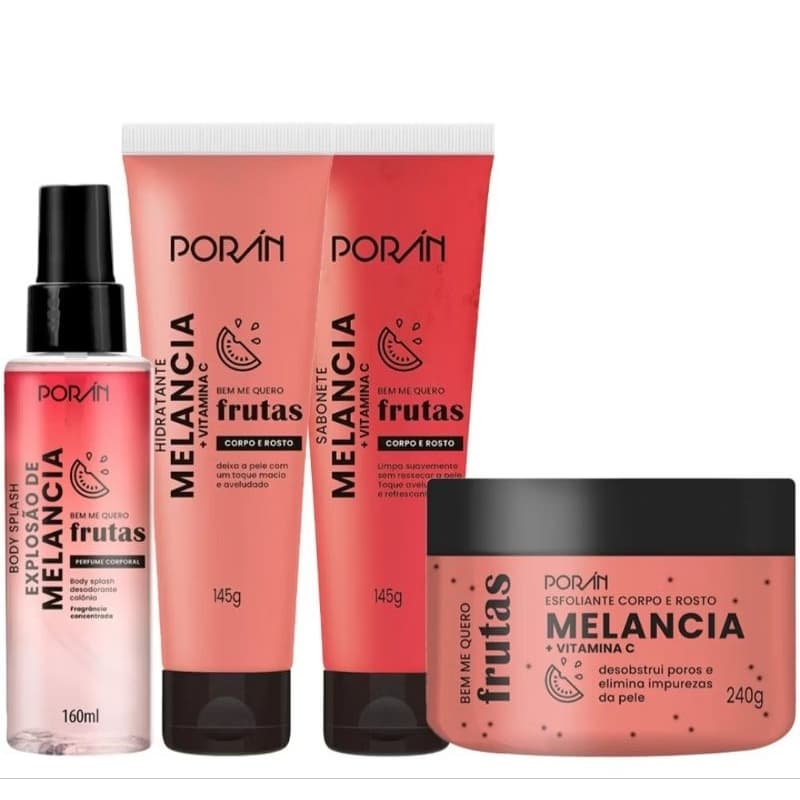 Kit Banho Premium Melancia com Esfoliante + Sabonete + Hidratante Para Corpo e Rosto Porán