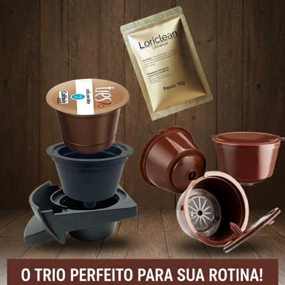 Kit Dolce Gusto: 3 Cápsulas Reutilizáveis + Adaptador Três Corações + Descalcificante para Cafeteira