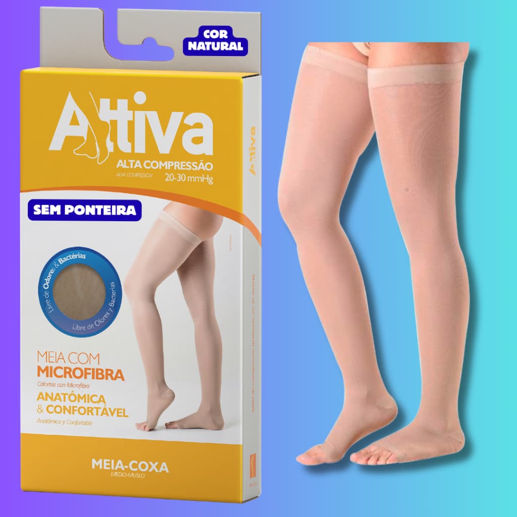Meia Coxa Elástica 7/8 - Meias Varizes Alta Compressão 20-30mmHg Attiva Sem ponteira