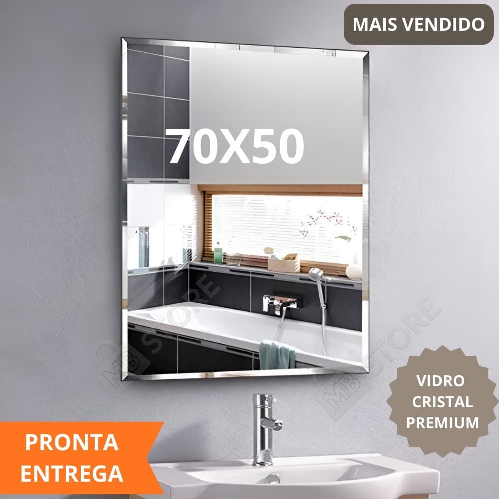 Espelho Bisotê Decorativo Retangular 80X60 ou 70X50cm Chanfrado 20mm + Kit Instalação para Banheiro Sala e Decoração