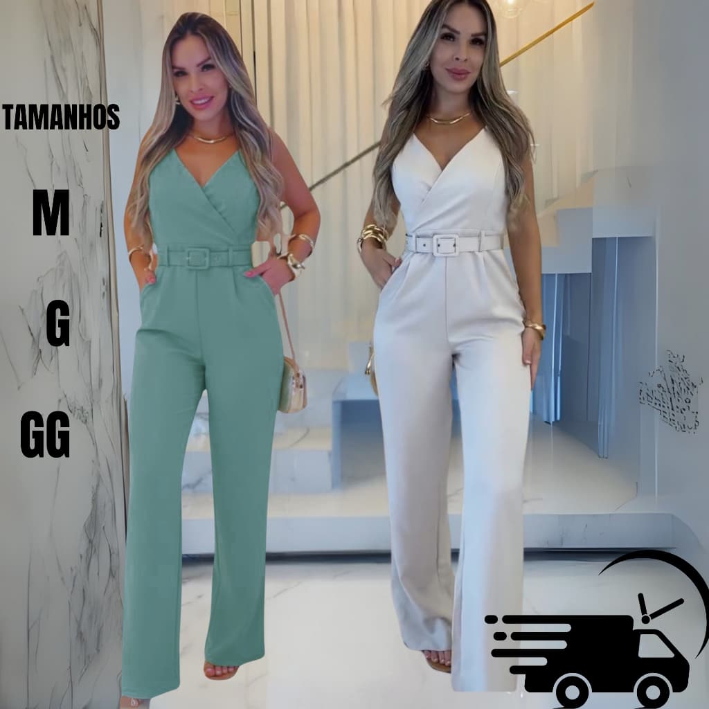 Macacão Social Feminino Longo com Cinto e Zíper nas Costas Moda Verão