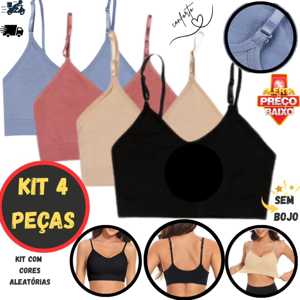 Kit 4 Sutiã Sem Bojo Feminino Básico Sem Costura Microfibra Confortável