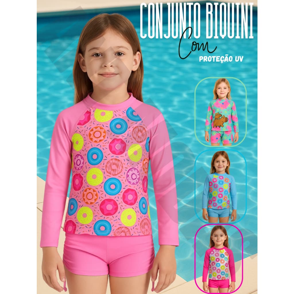 Biquini Infantil Juvenil Menina Short + Camiseta Proteção Uv 50 Kit 2 Peças Moda Praia Piscina