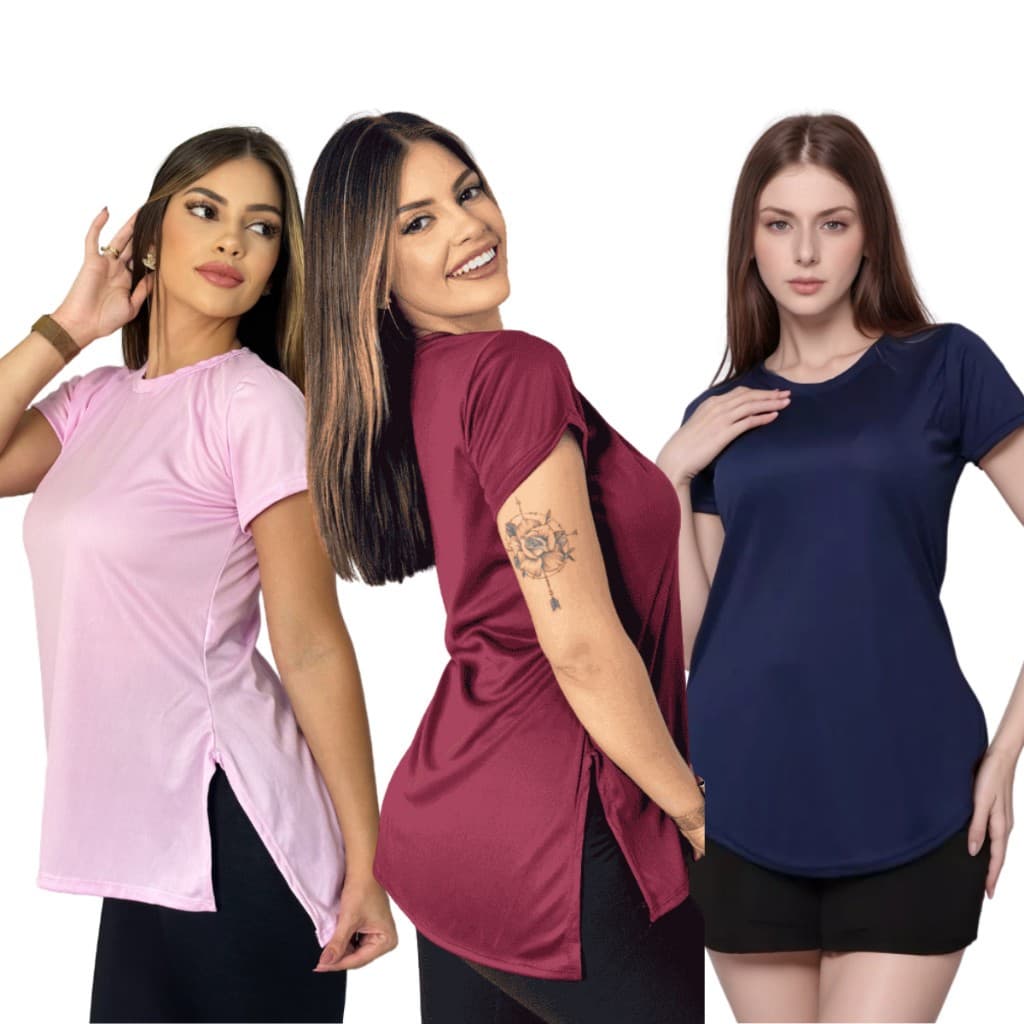 Kit 3 Blusas Feminina Academia Dry Fit Camisa Musculação Caminhada  Treino camiseta tapa bum bum