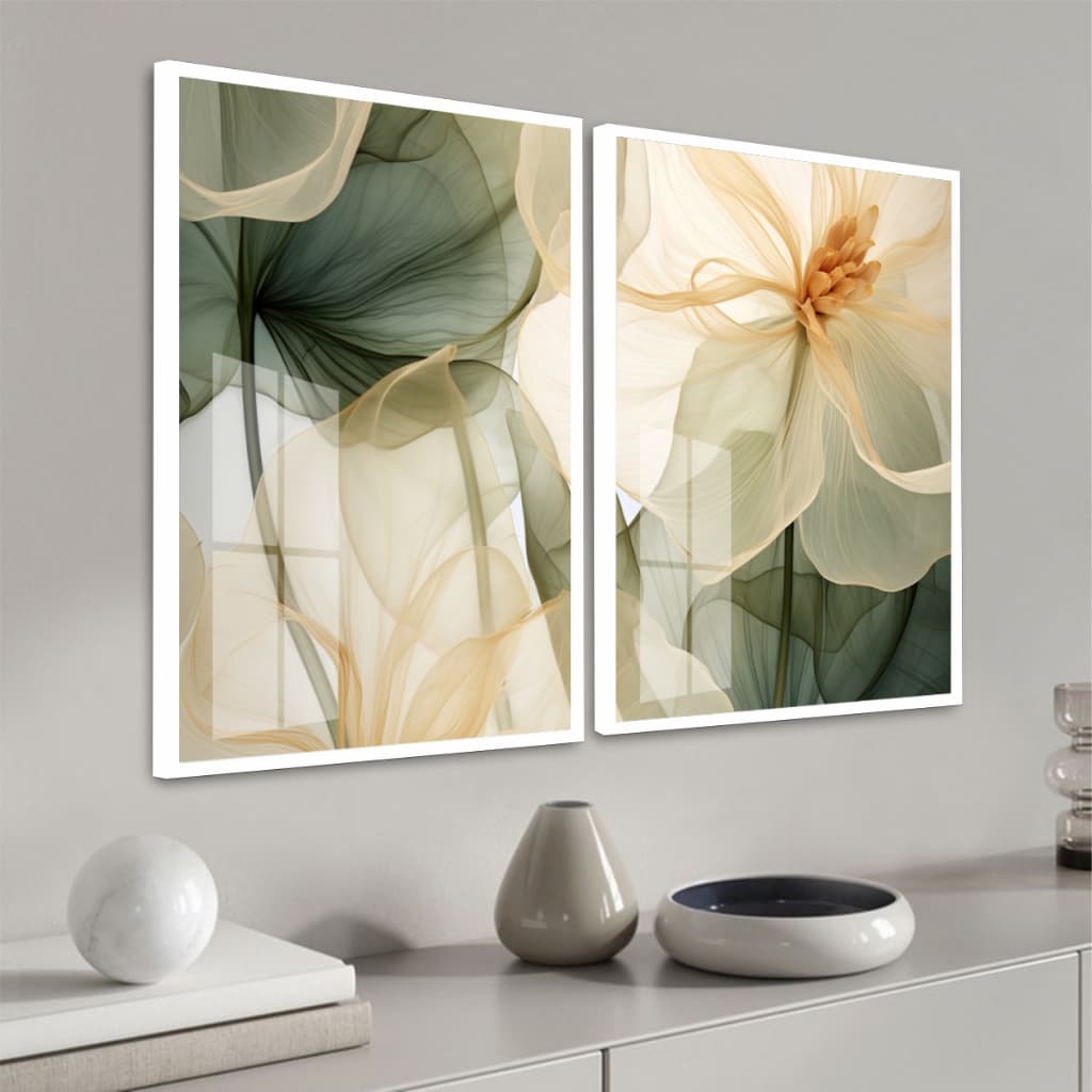 Quadro Moldura e Vidro Kit 2 Peças Grandes Flor Bege e Verde Decoração Sala Quarto Escritório