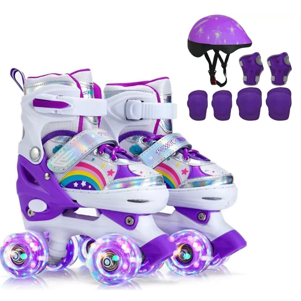 Patins Quad Infantil De 4 Rodas Com LED Roxo arco-iris Meninas Com Protecao Barato Black Friday