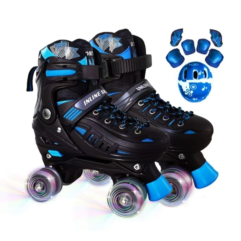 Patins 4 Rodas Infantil Meninos Preto Com LED + Protecao Barato Dias Dos Criancas