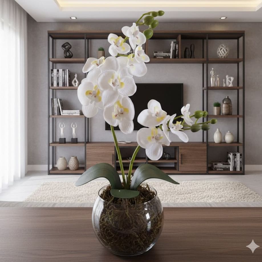 ARRANJO DE ORQUÍDEA BRANCA NO VASO DE VIDRO REDONDO - 40 CM ALTURA - PRONTO PARA DECORAR