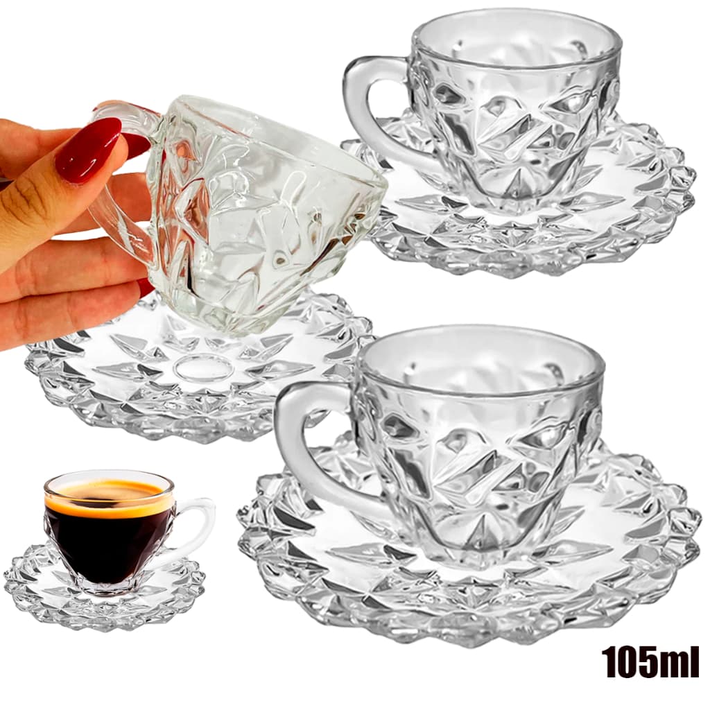 Kit jogo Conjunto Xícaras 105ml Com Pires 06 Peças Sendo 03 Xicaras e 03 Pires Diamond Rocks Vidro