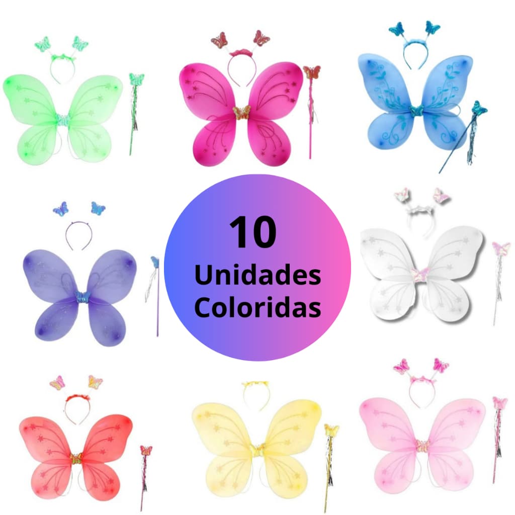 10 Kits Asa De Borboleta Fada Fantasia Carnaval Infantil Criança Festa Asa+Tiara+Varinha Atacado Revenda Lembrancinha