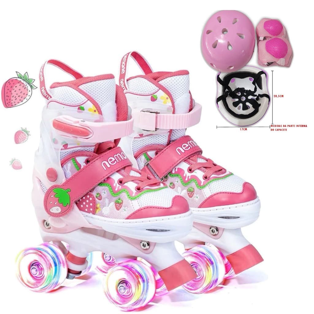 Patins Infantil Morango Quad Ajustável + Rodas Em Led COM proteção