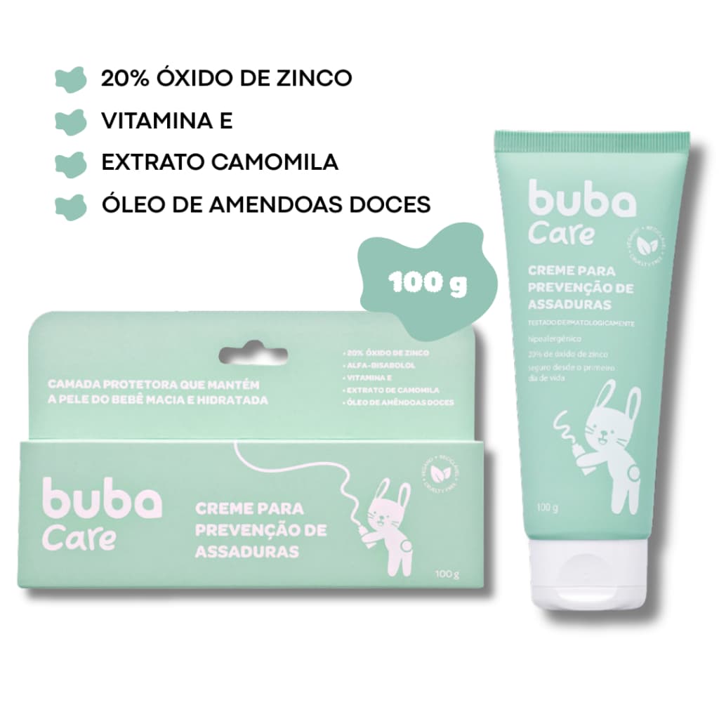 Creme Para Prevenção de Assaduras 100g Buba Care | Pomada Hipoalergênica e Vegana c/ Óxido de Zinco