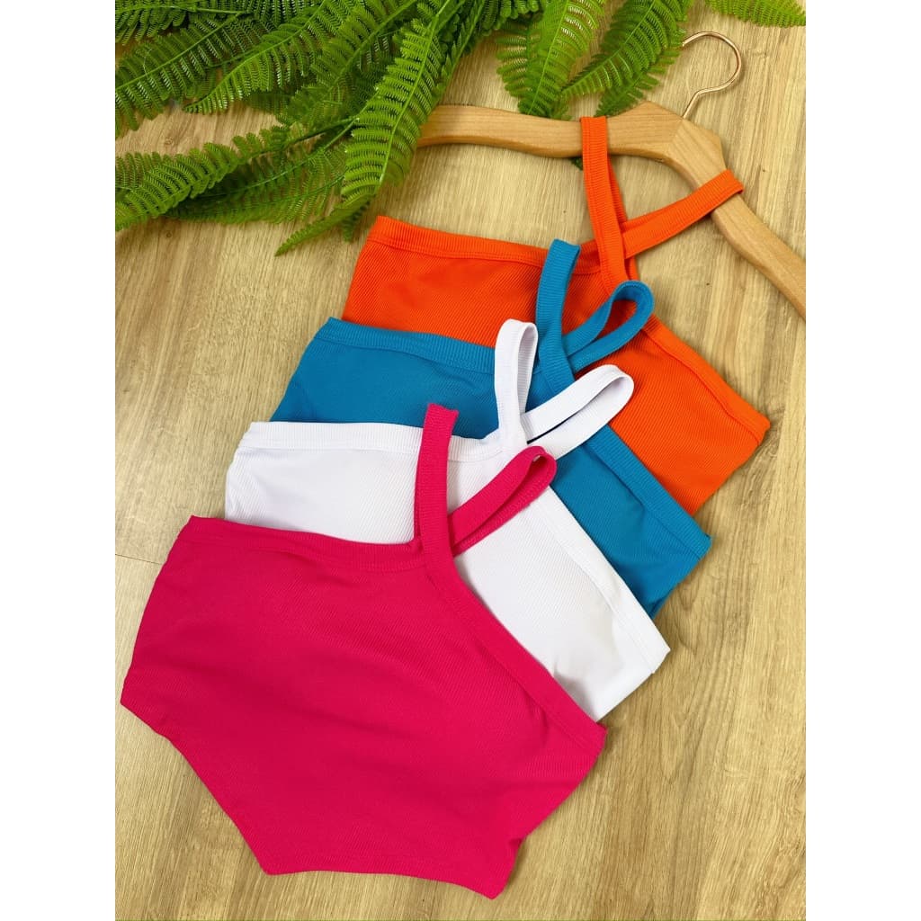Cropped Top Alça Cruzada Com Bojo Tecido Ribana