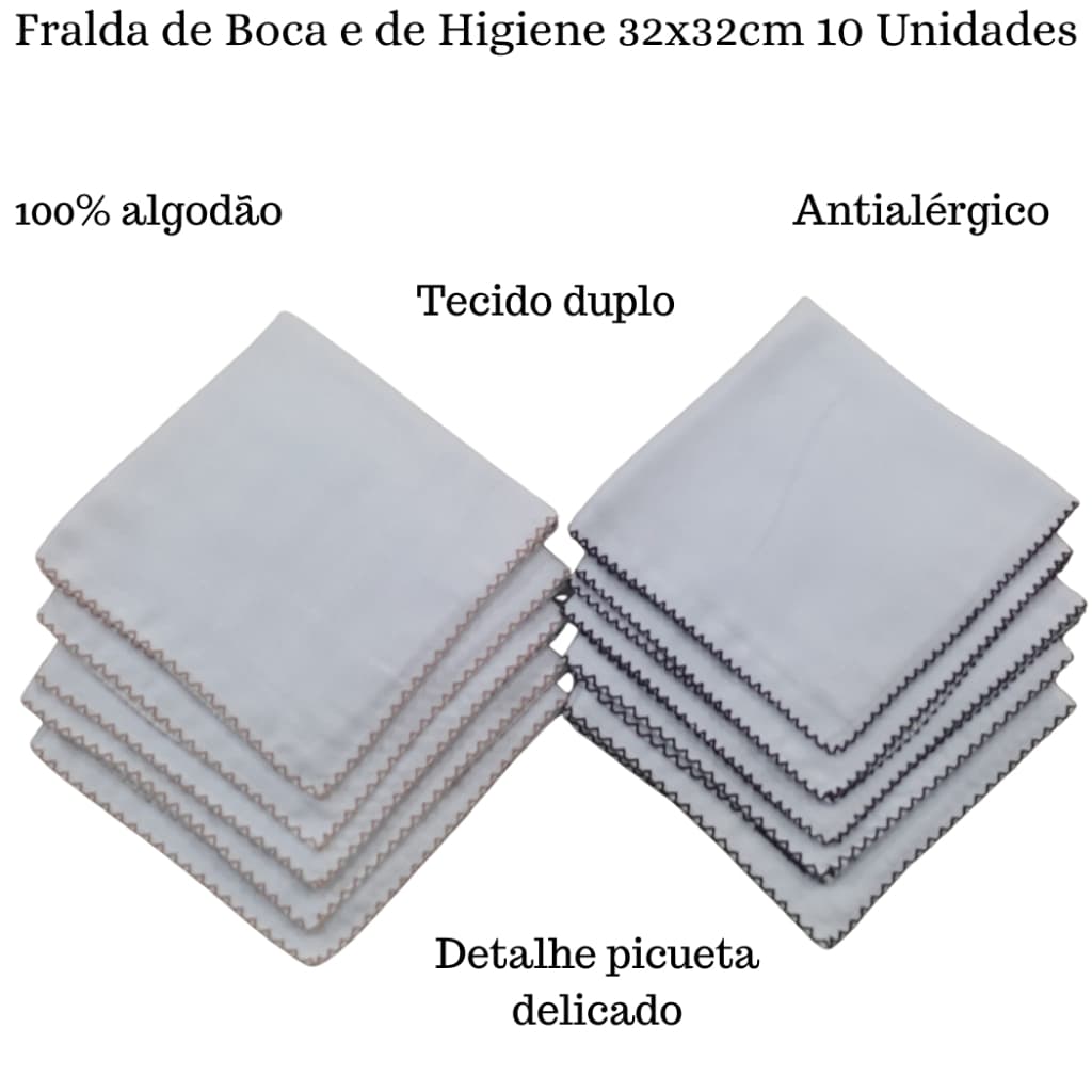 Fralda de Boca 32x32cm 100% Algodão Duplo Antialérgico com Picueta  com 10 Unidades