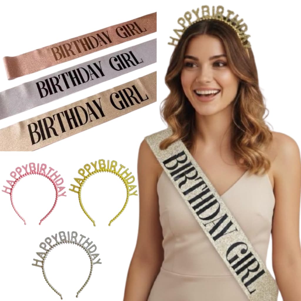 Kit Faixa Aniversário Birthday Girl com Glitter + Tiara Festa de Aniversário