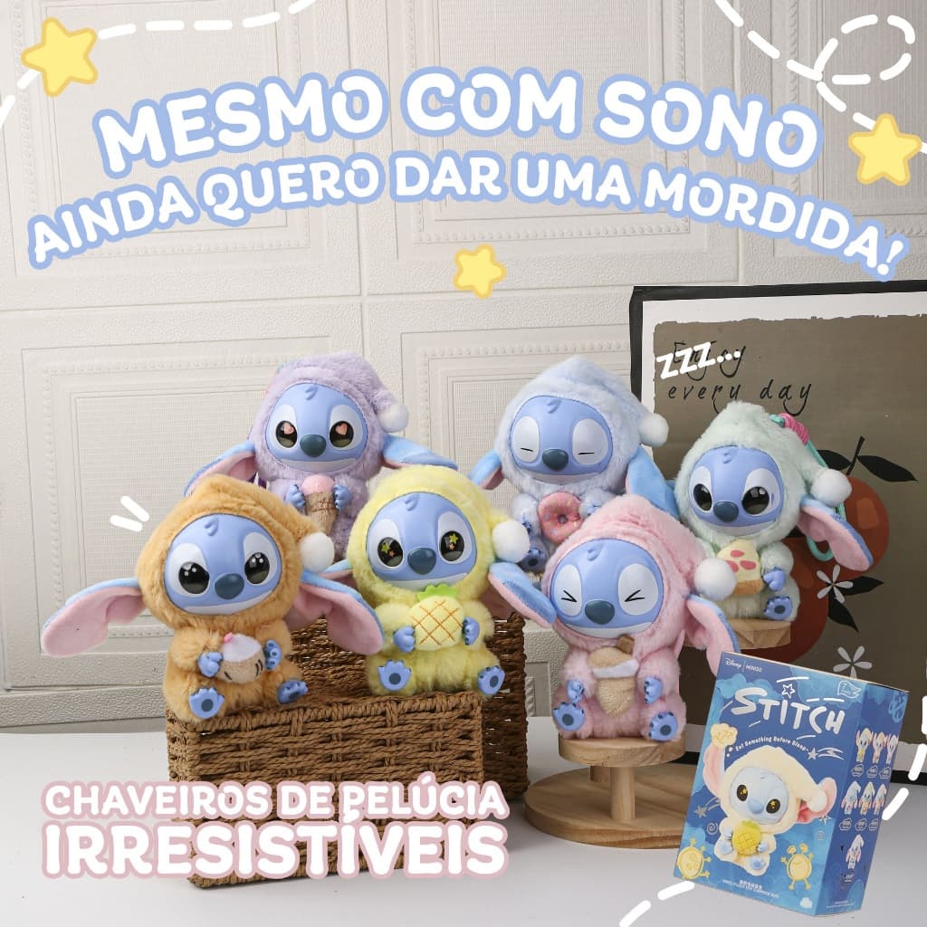 Boneco Stitch Eat Something Before Sleep Caixa Surpresa Boneco Pelúcia e Vinil Aleatorio