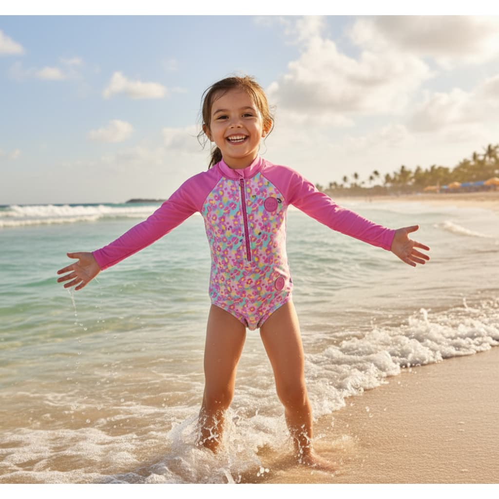 Maiô de Uma Peça com Manga Raglan  Autismo Proteção Solar UV50+ Natação e Estampada para Menina Pré-Adolescente