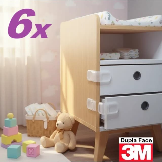 6 Travas de Gaveta Lateral Transparente Segurança Bebê - Adesivo 3M