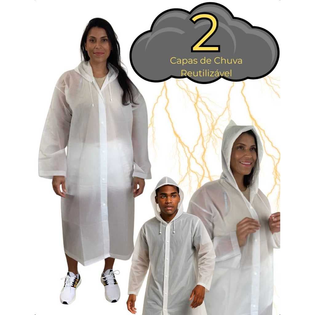 Capa De Chuva Capuz Transparente Reforçada Impermeável Reutilizável