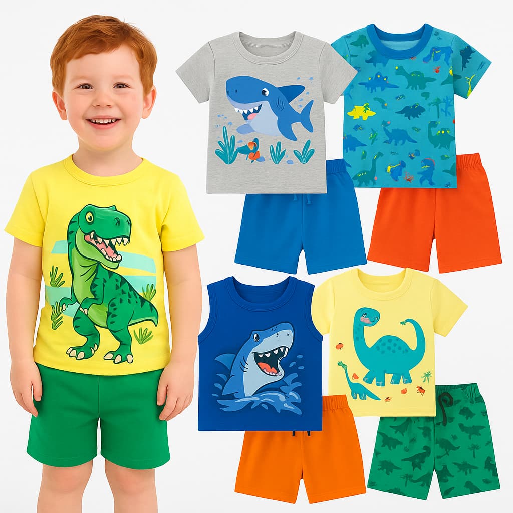 Kit Sortido 4 Peças De Roupas Menino- 2 Camisetas + 2 Bermudas - Conjunto de Verão Masculino- Kit com 2 ou 1 Conjuntos