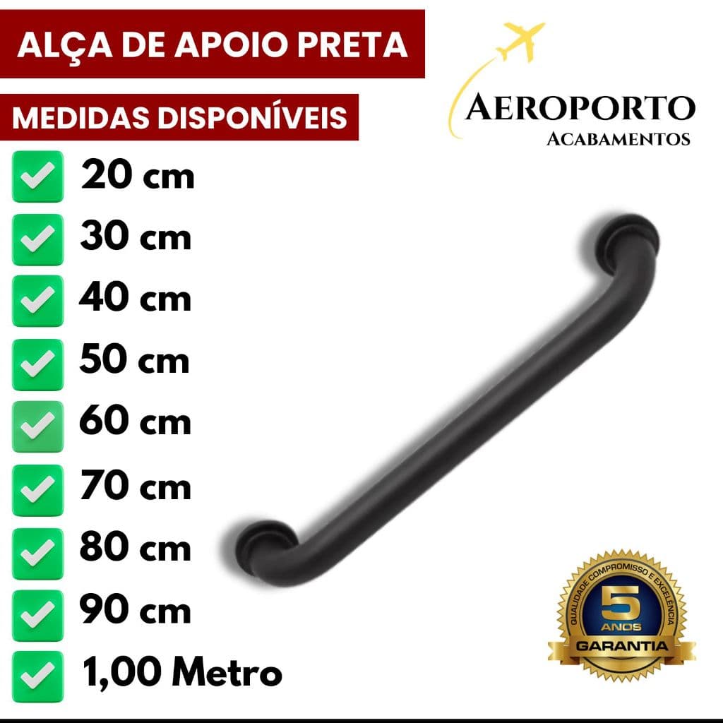 Alça de Apoio Corrimão Banheiro Alumínio Preto Fosco 20cm a 1m Idosos PCD Segurança