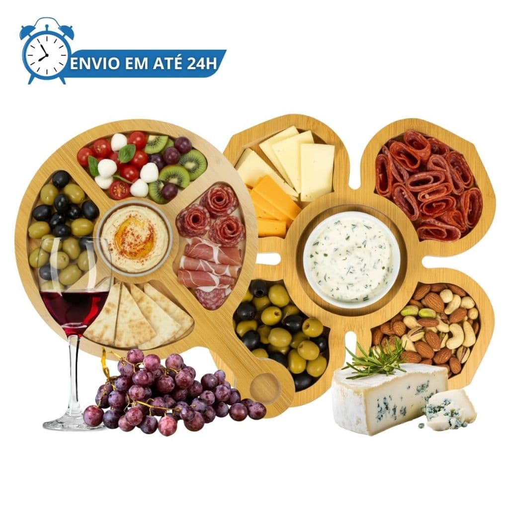 Kit 2 Petisqueira Madeira Redonda e Flor Tábua de Frios Queijo 5 Divisórias