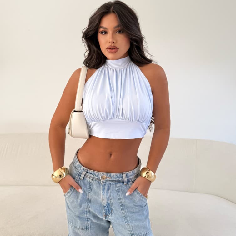 Cropped Feminino Balone Chique Com Bojo E Costas Abertas Amarrar Pescoço Com Elastico