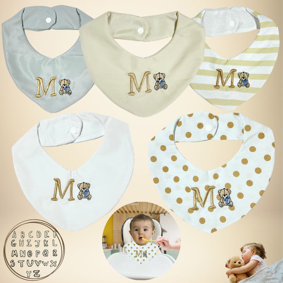 Babador Bandana Personalizado Inicial Do Nome Do Bebe Ursinho Duplo Bandana 100% Algodão Kit Com 5