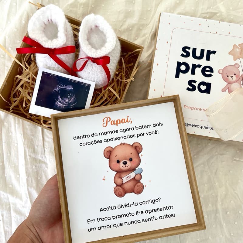 Caixa Surpresa para Revelar Gravidez Personalizada - Revelação Criativa para o papai e família com polaroid e sapatinhos