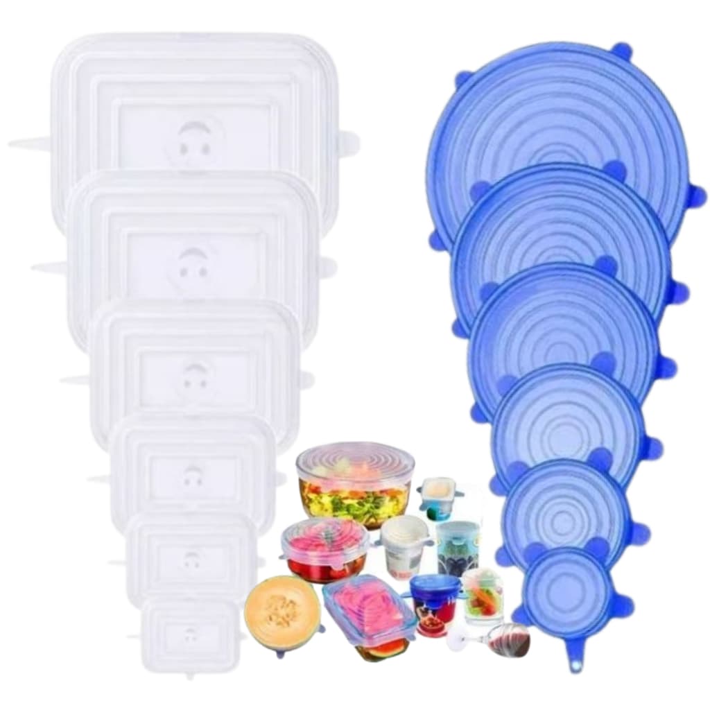 Kit 6 Ou 12 Tampas de Silicone Quadrada Redonda Reutilizável Flexível P/ Vedação Alimentos Pote Tigela Panela Universal