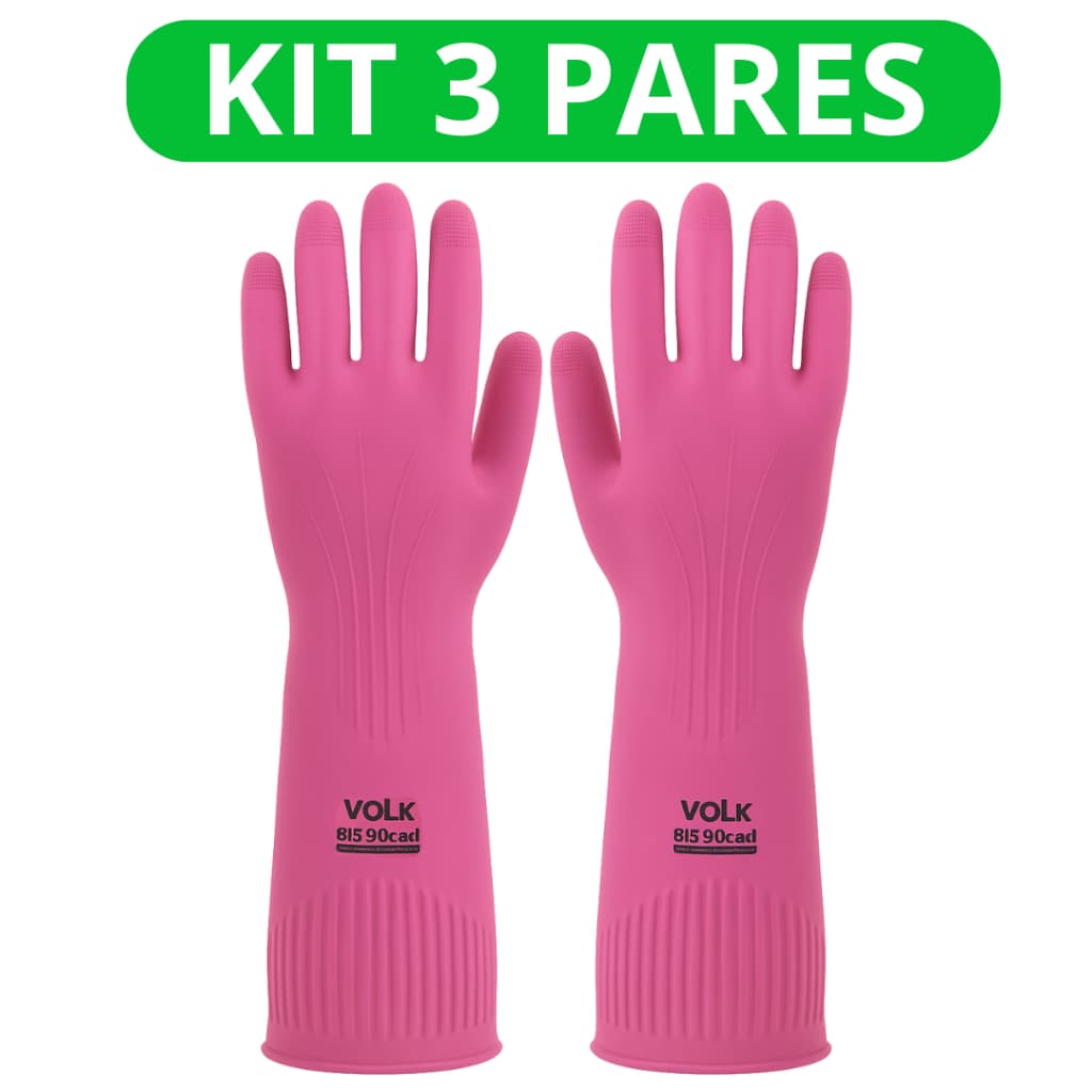Kit 3 Pares Luva de Látex Longa Ranhurada Segurança Proteção Limpeza Pesada Rosa Volk