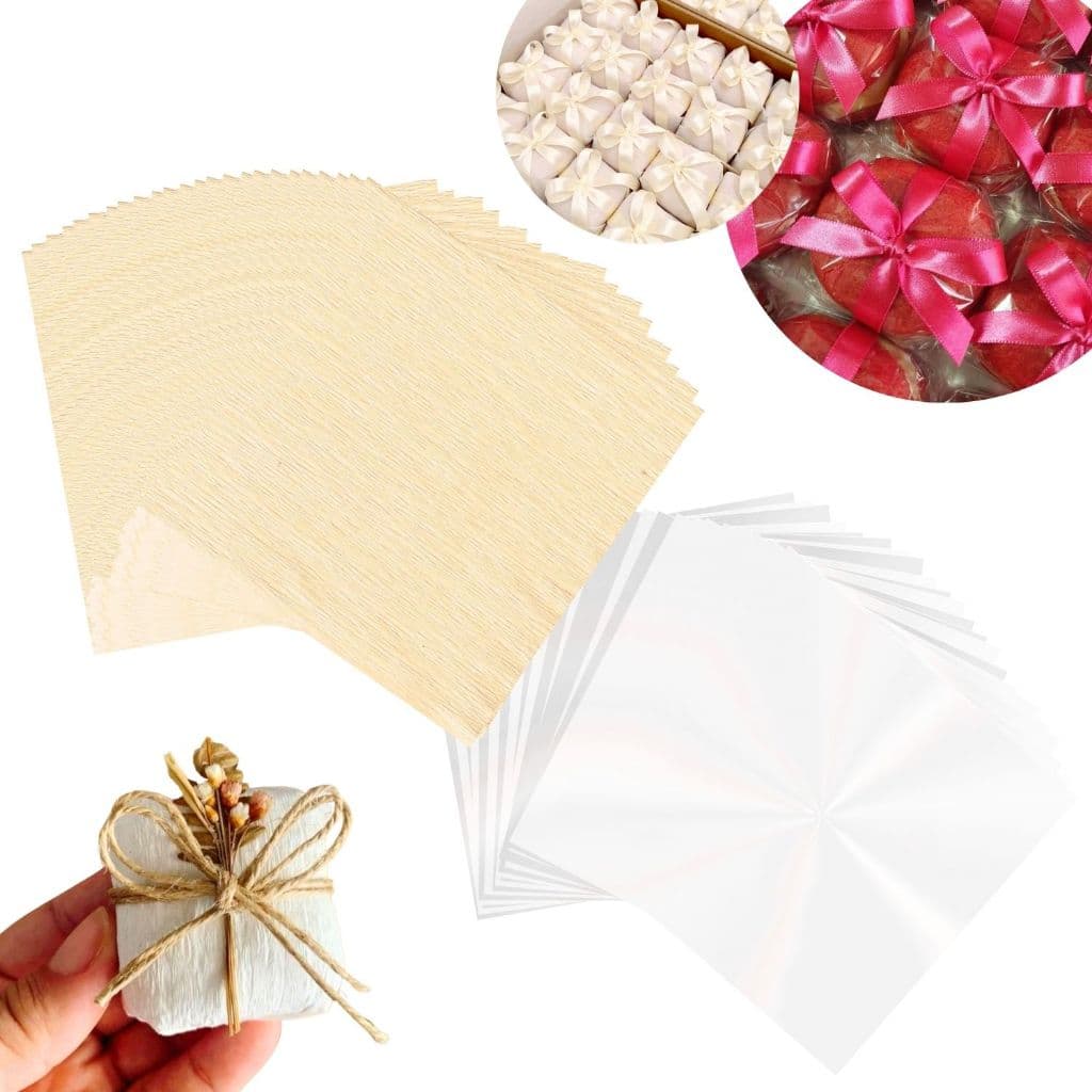 Kit 100/200 Embalagem P/ Bem Casado Papel Crepom Dourado + Celofane Plástico Doce Casamento Festa