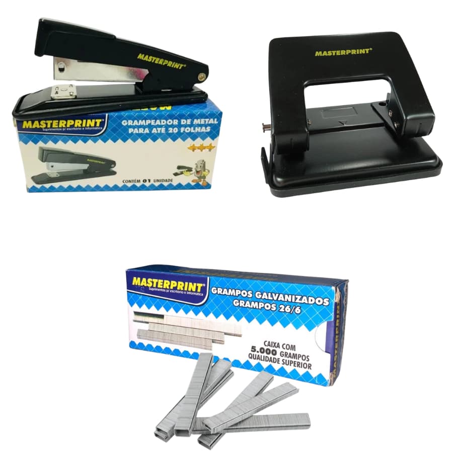 Grampeador MP301 + Furador + 1 Caixa de Grampos 26/6 c/5000 Und - Masterprint