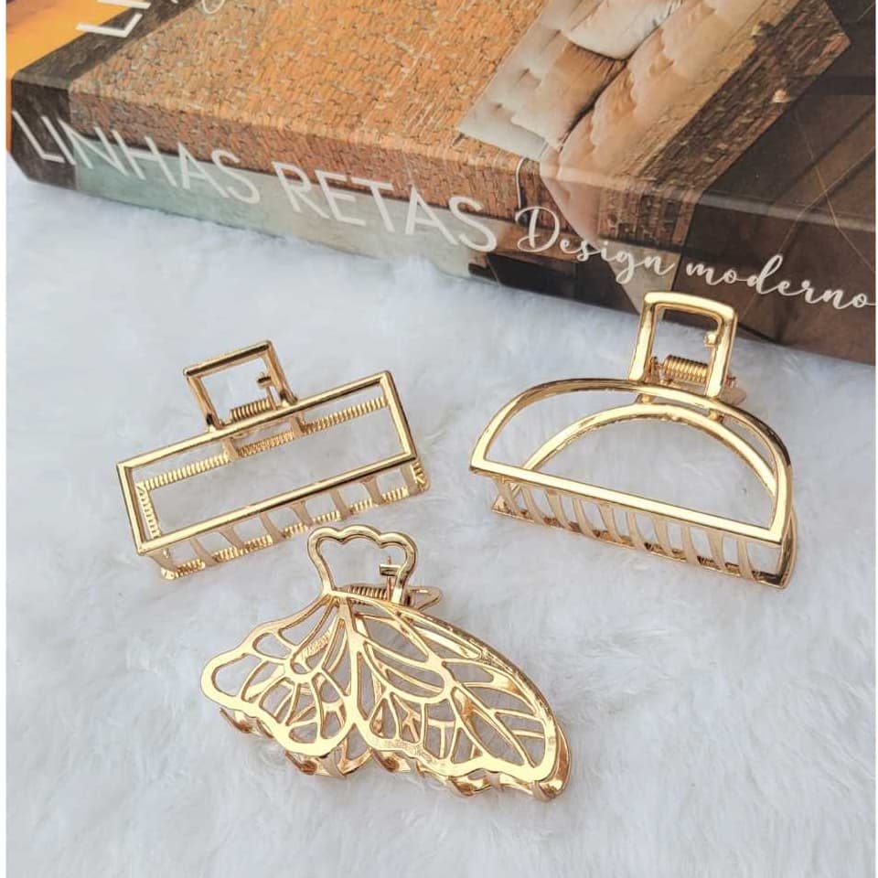 Kit 3/1 Peça Piranha de Metal Dourada Luxo Prendedor de Cabelo