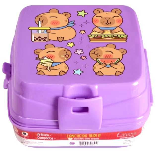 Lancheira Dupla com 4 Divisórias Infantil Safari Capivara e Lanche Marmita Lanche Escolar Marmitinha 400 ml