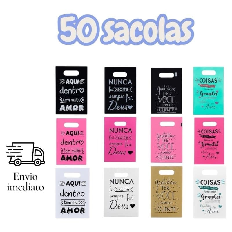 50 sacolas boca vasada com frases 20x30 e 30x40 lindas para loja