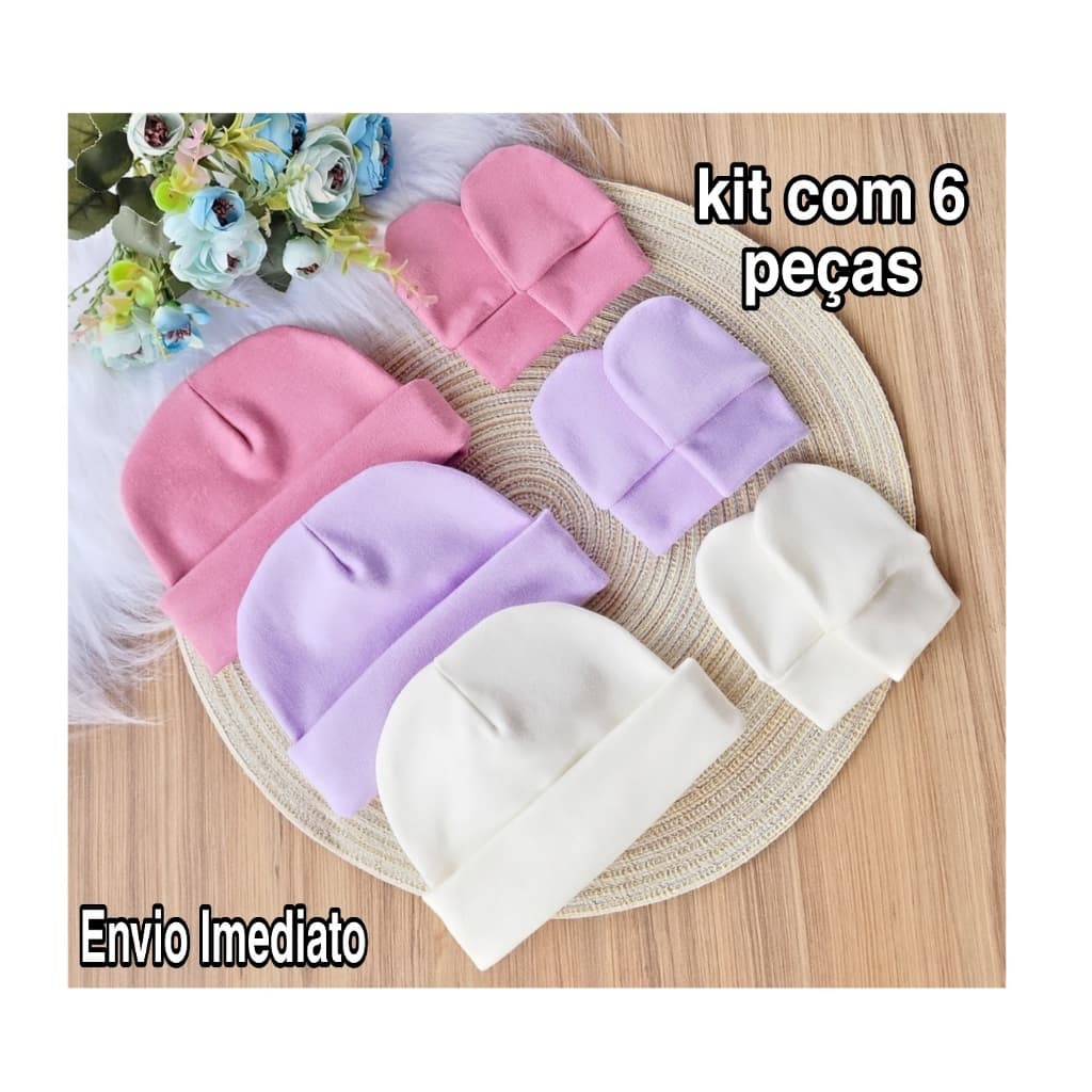 Kit 3 Touca e 3 Luva Para Bebê Recém Nascido 100% Algodão Antialérgico Maternidade Enxoval Gestante