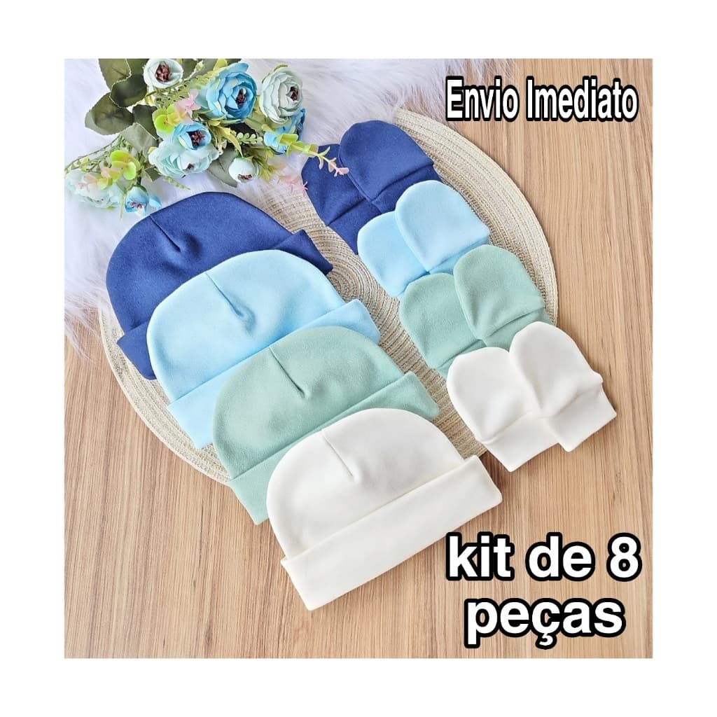 Kit 4 Touca e 4 Luva Para Bebê Recém Nascido 100% Algodão Antialérgico Maternidade Enxoval Gestante