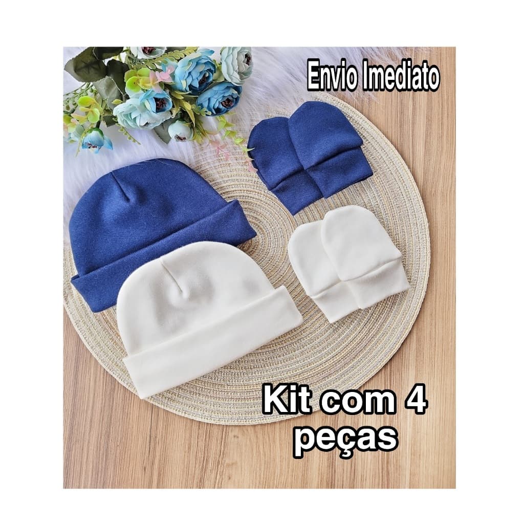 Kit 2 Touca e 2 Luva Para Bebê Recém Nascido 100% Algodão Antialérgico Maternidade Enxoval Gestante