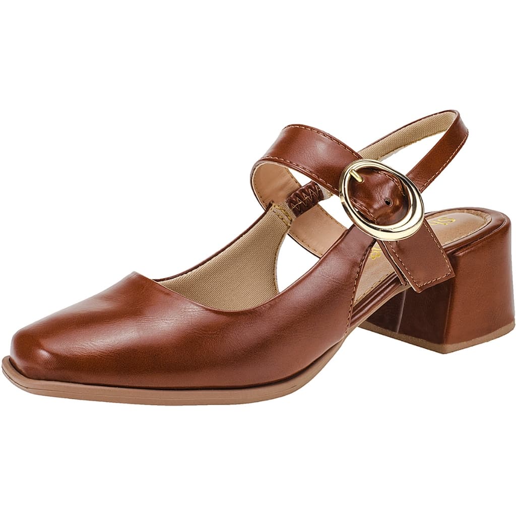 Sapato Feminino Scarpin Bico Quadrado Salto Baixo Slingback Mary Jane Boneca Shekinah Fivela Retrô