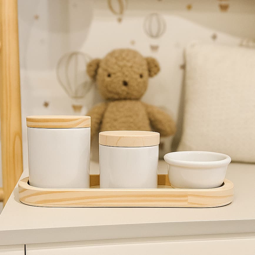 Kit Higiene Bebe Porcelana Tampa  Bandeja Oval Organizador Quarto