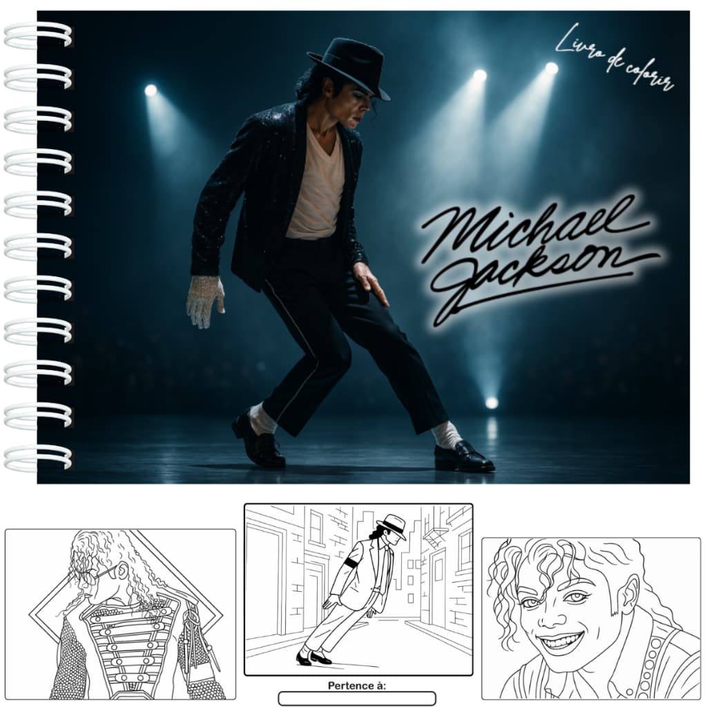 Livro de Colorir Inspirado no Rei do Pop Michael Jackson Capa Dura 50 Folhas 180g