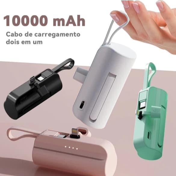 Carregador Portátil Mini Power Bank 10000mAh Com 02 Saídas Tipo-C / Lightning