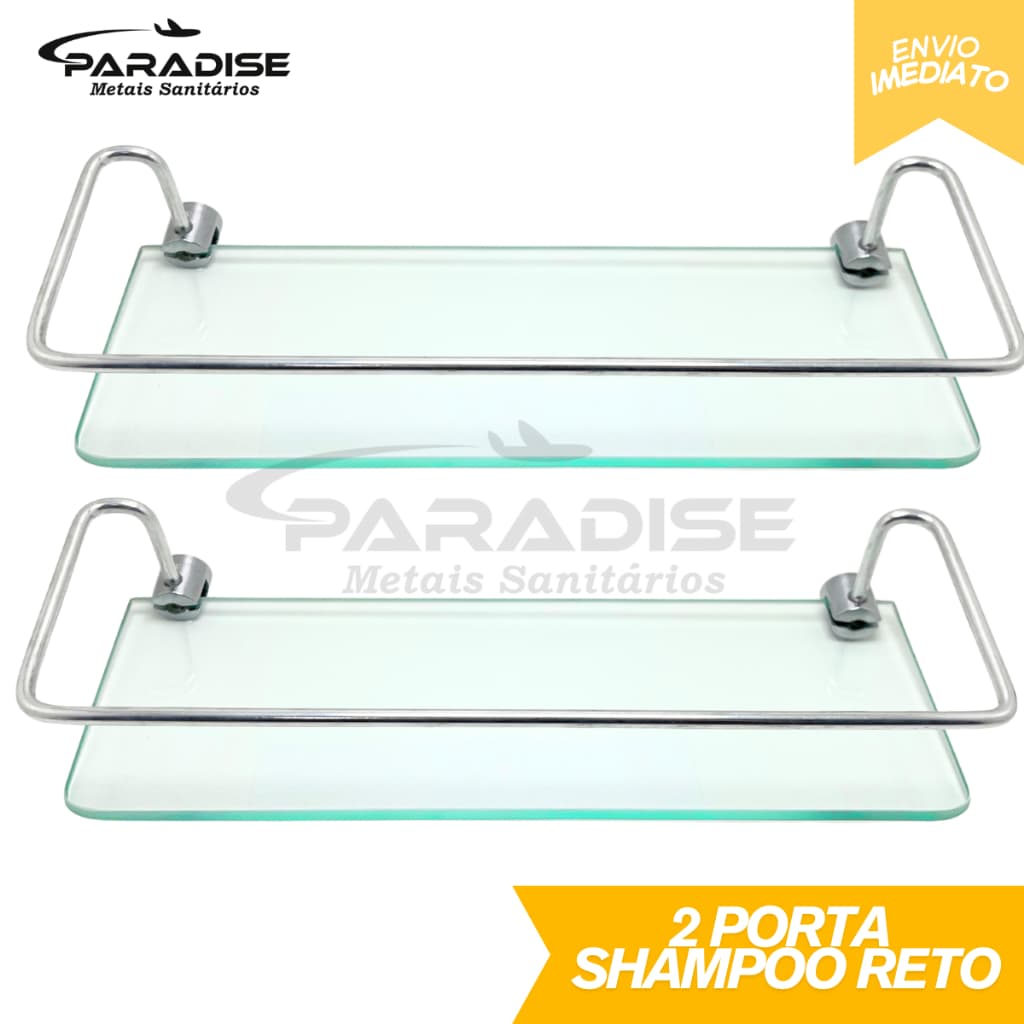 Kit 2 Porta Shampoo de Alumínio Base de Vidro Reto Prateleira para Banheiro Cozinha Organizador 30cm