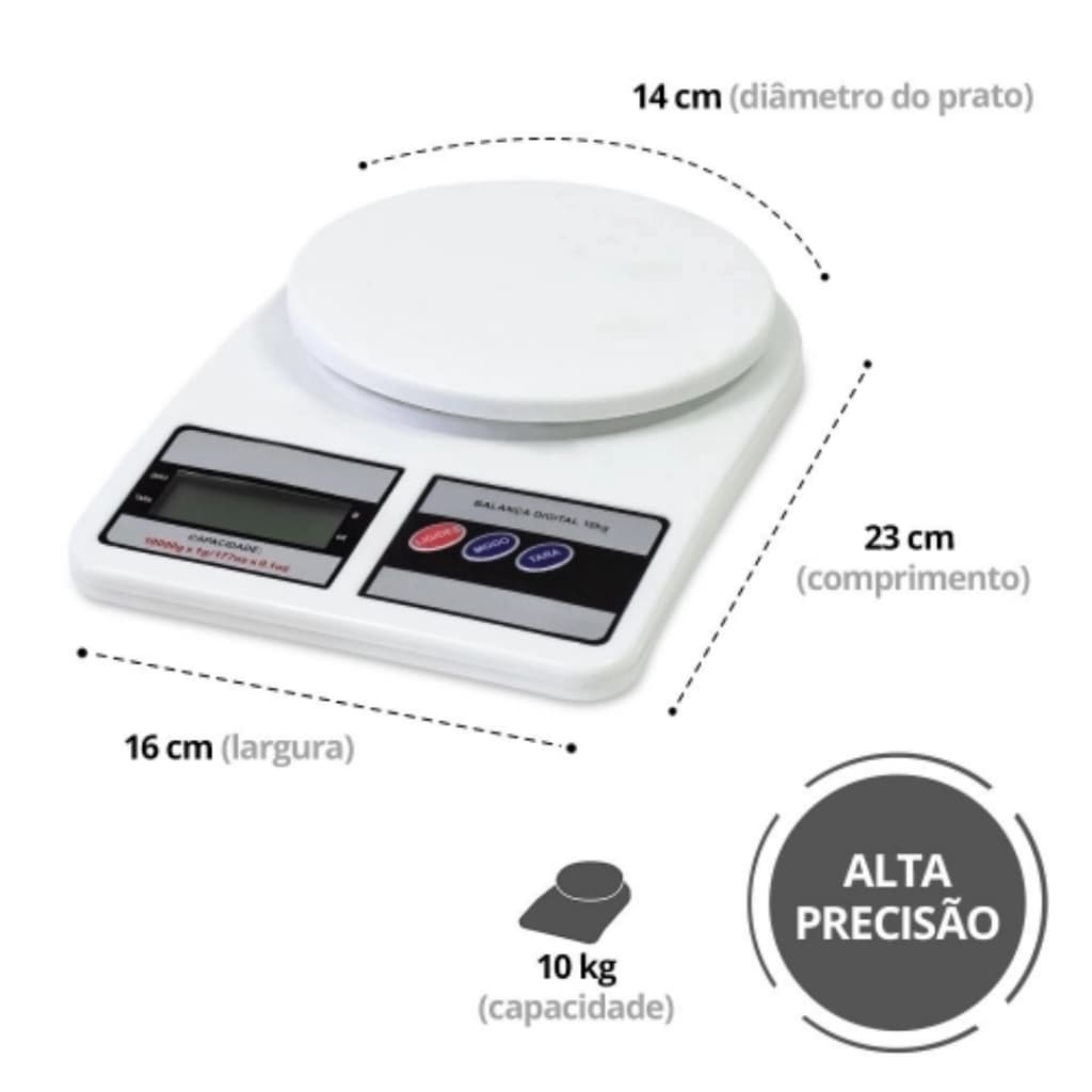 Balança Branca de Cozinha de Precisão 10kg Pesagem Alimentos Portatil Tara Digital Display